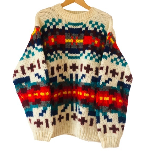 Vintage Hand Knit Wool Blend Technicolor Sweater - Picture 3 of 11